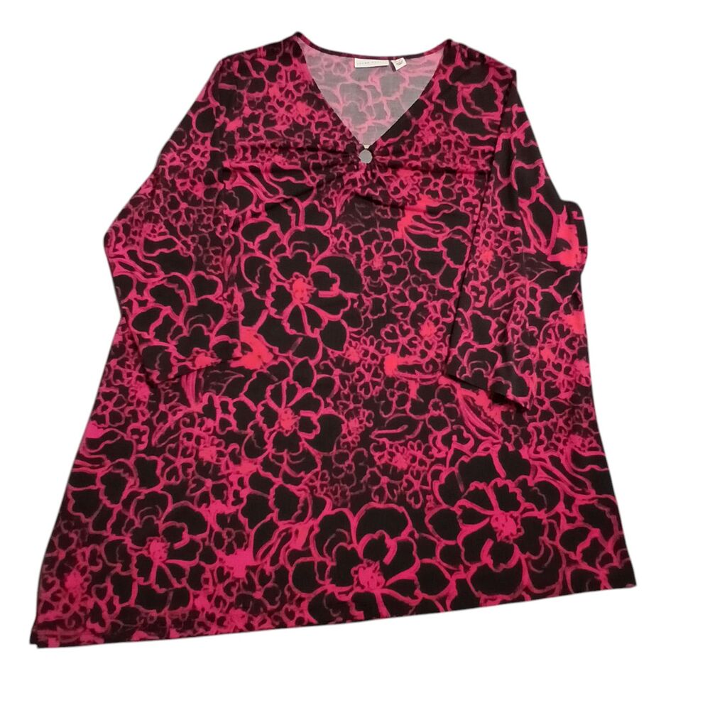 Susan Graver Tunic Blouse Women 1X Liquid Knit Floral Asymmetrical Hem Side Slit